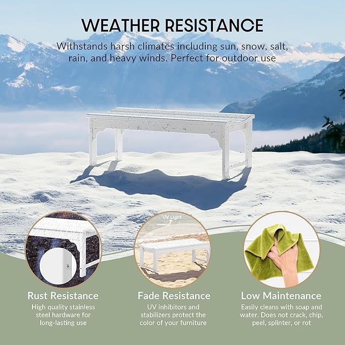 WestinTrends Malibu Outdoor Bench, All Weather Resistant Poly Lumber Backless Patio Garden Bench, Adirondack Curved Bench Seat for Comfort, White