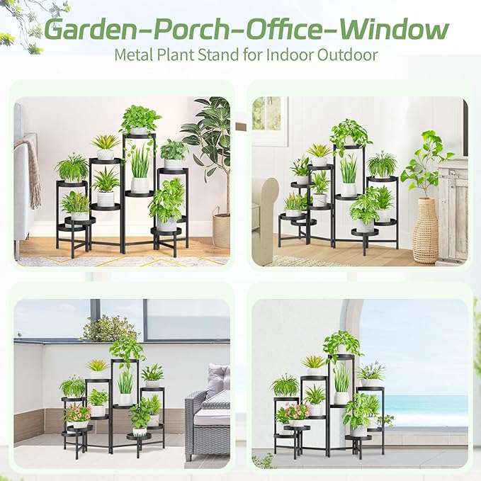 iDavosic.ly Plant Stand Indoor Outdoor, 10 Tier Corner Metal Flower Display Holder Shelf, Folding Tall Orchid Rack for Patio Balcony Porch Garden Living Room House, Black