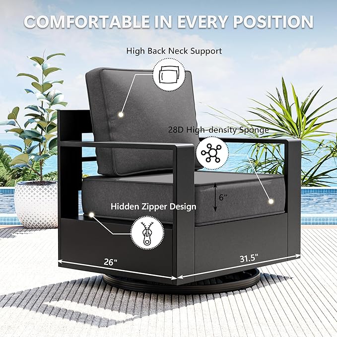 Aluminum Outdoor Swivel Rocker Patio Chairs Set of 2, All-Weather Metal Outdoor Chair with 6 Inch Thick Cushions, Deep Setting for Garden, Outside and Porch