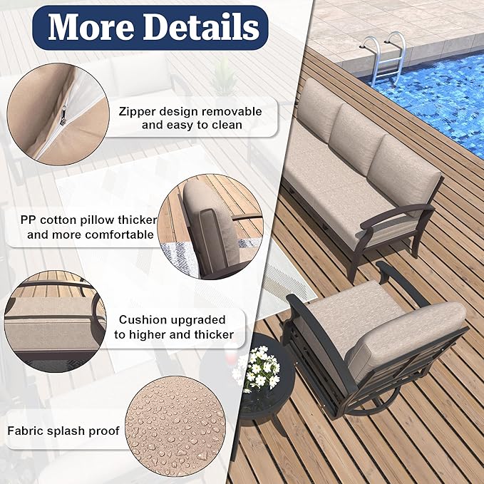 Kurapika Aluminum Patio Furniture Set 5-Seat Modern Metal Outdoor Conversation Sets w/5.1 Inch Cushion Patio Sectional Sofa, Sand