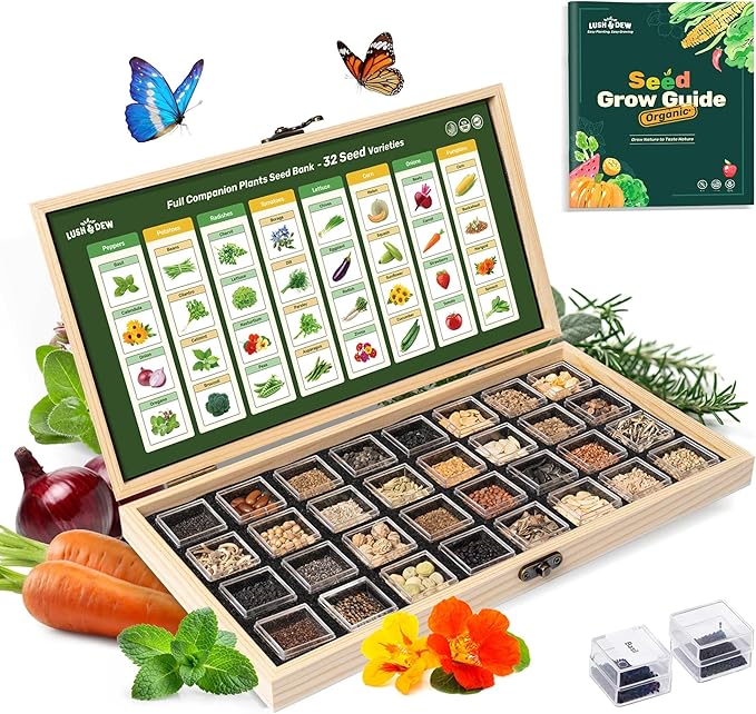 Lush&Dew Companion Plants Heirloom Seed Bank, Gardening Gifts, 32 Varieties 30,000+ Non-GMO Fall Winter Vegetable Seeds for Planting in Garden Beds Greenhouse, Survival Seed Kit Emergency Food Supply
