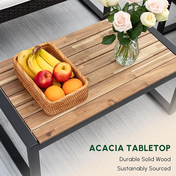 BEEFURNI Wicker Patio Furniture Outdoor Conversation Set of 4, Acacia Wood Table, 2 Rattan Chairs, Loveseat, 2” Cushions, All-Weather, Easy Assembly, 1-Year Manufacturer Warranty (Black)