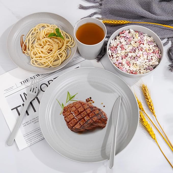 LIYH 48 Pcs Light Grey Plastic Wheat Straw Dinnerware Plates and Bowls Set,Camping Dish Set for 12, Dishwasher Safe Dinnerware Sets, Unbreakable Plates,Camping Dish Sets