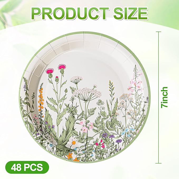 Wildflower Party Plates 7" Floral Paper Plates Spring Summer Botanical Green Leaves Herbs Vintage Garden Disposable Decorative Dessert Plates (48, Vintage Floral)