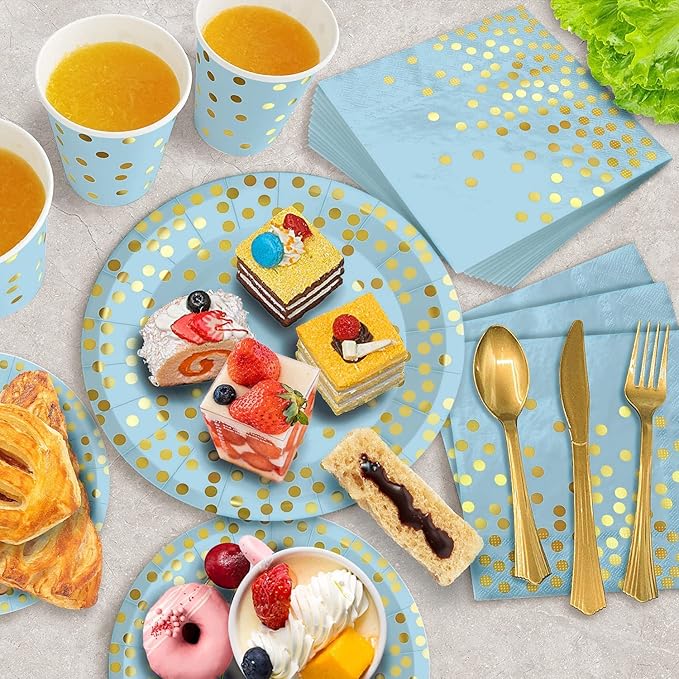 AIRE 175Pcs Blue and Gold Paper Plates Dinnerware Sets for 25 Guests, Party Decorations Paper Plates Party Supplies Gold Plastic Forks Knives Spoons, Golden Dot Napkins Cups For Birthday Baby Shower