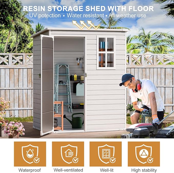 Outdoor Resin Storage Shed with Floor Included 5x3 FT, Waterproof Outside Sheds with Window Lockable Door, Plastic Sheds for Backyard Garden Patio Lawn Tools, Gray