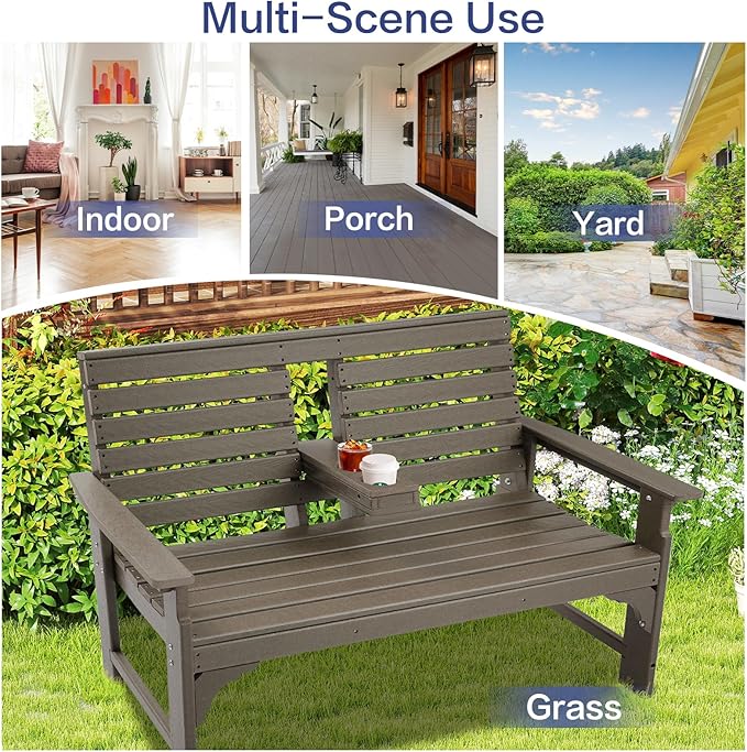 Outdoor Bench Weatherproof - HDPE 2-Person Garden Bench with Cup Holders, Bench Furniture with Backrest and Armrests, 700 lbs Capacity, Patio Park Bench for Front Porch Backyard Park (Brown)