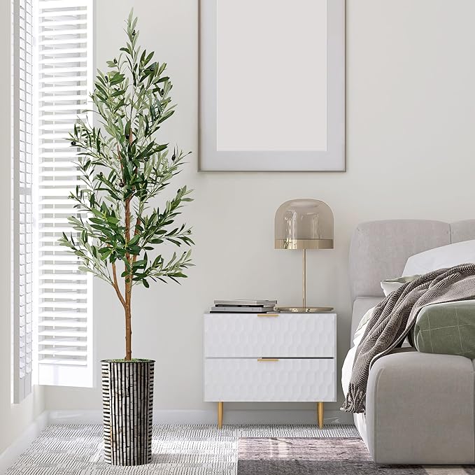 Artificial Tree in Black and Brown Striped Planter, Fake Olive Silk Tree for Indoor and Outdoor Home Decoration - 68" Overall Tall (Plant Pot Plus Tree)