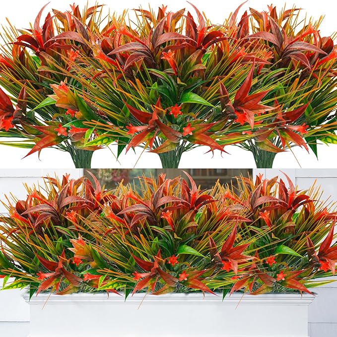 Uieke 16Pcs Outdoor Artificial Plants UV Resistant, Fake Morning Glory Flowers with Orange Grass, Tropical Flowers Fall Leaves Foliage for Garden Patio Sidewalk Décor Red