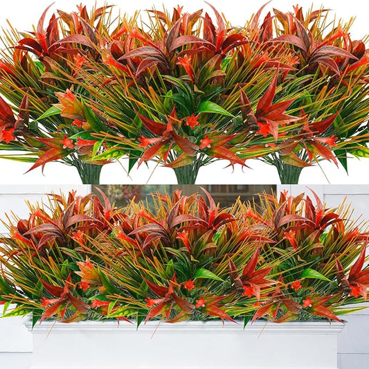 Uieke 16Pcs Outdoor Artificial Plants UV Resistant, Fake Morning Glory Flowers with Orange Grass, Tropical Flowers Fall Leaves Foliage for Garden Patio Sidewalk Décor Red