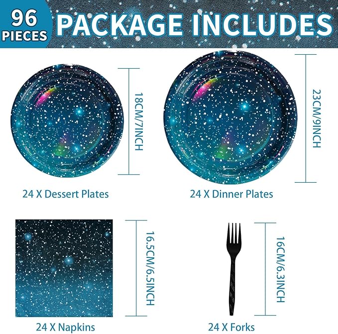 96Pcs Galaxy Party Supplies Iridescent Space Stars Birthday Plates and Napkins Tableware Sets Blue Starry Night Sky Decorations Favors for Mens Boys Baby Shower Galaxy Theme Party Decor Serves 24