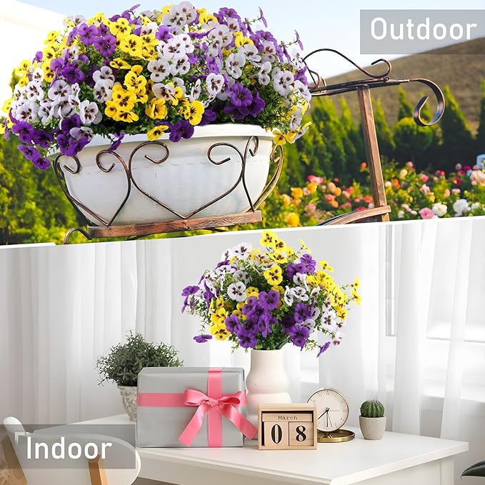 Artificial Fake Pansy Flowers for Outdoor, 36 Bundles Faux Silk Pansies Spring Flowers for Outside for Planter Front Door Porch Yard Patio Window Box Home Decor (36, Purple, Yellow, White)