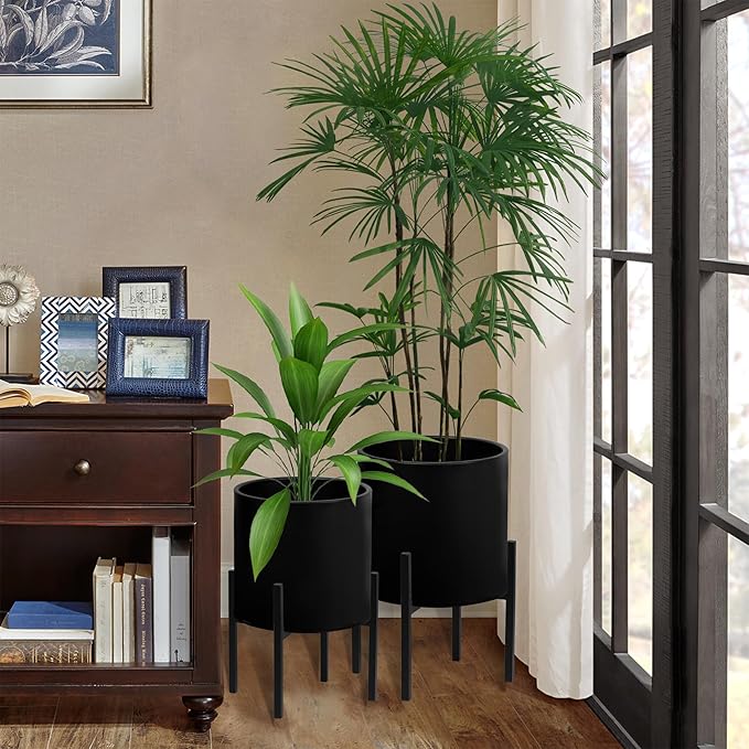 ARNIS Modern Plant Pots, Set of 2 Large Planters with Stand, Decorative Planters, Metal Pots with Drainage Holes for Living Room, Office, Garden or Balcony, 8.25 &10.5 Inch, Blcak