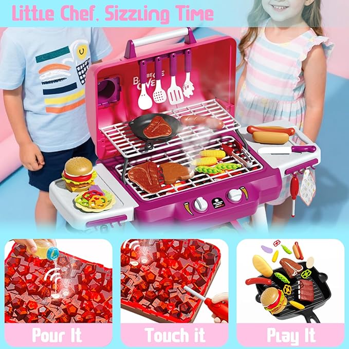 Kid Toy Grill, BBQ Grill Playset with Light Sound, Smoke Effect and 2 Wheels, Pretend Food, Little Chef Play Kitchen Accessories, Birthday for Boys Girls Ages 3 4 5 6 7 8