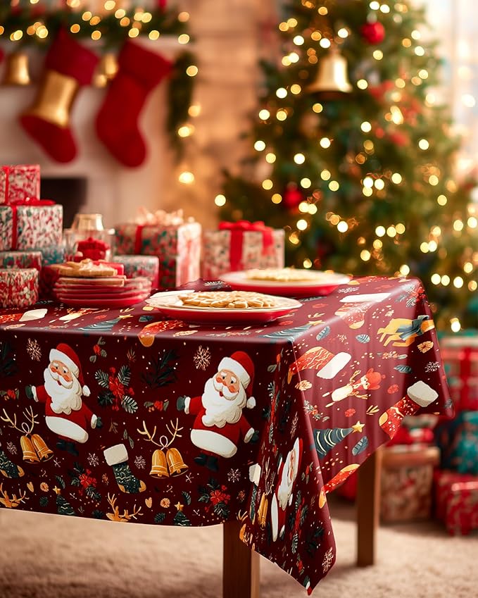 Pureegg Plastic Table Cloth Disposable 8 Pack, 54 x 108 Inch Rectangle Tablecloths, Sturdy Leakproof Plastic Covers for Party, Picnic, Wedding, Winter & Xmas Decoration, Christmas Red