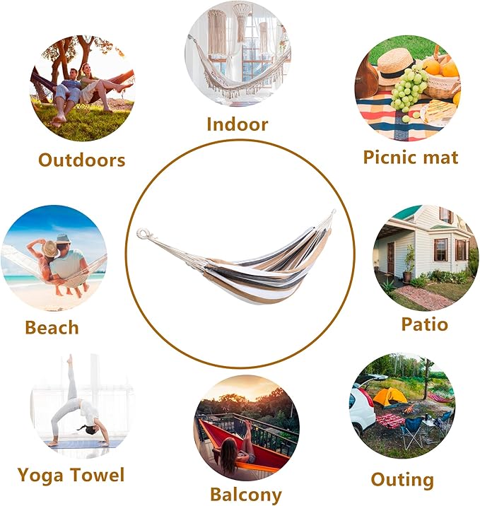 Double Hammock Brazilian Hammocks with Portable Carrying Bag,Soft Woven Fabric, Up to 450 Lbs Hanging for Patio,Trees,Garden,Backyard,Porch,Outdoor and Indoor XXX-Large Brown&Grey Stripe