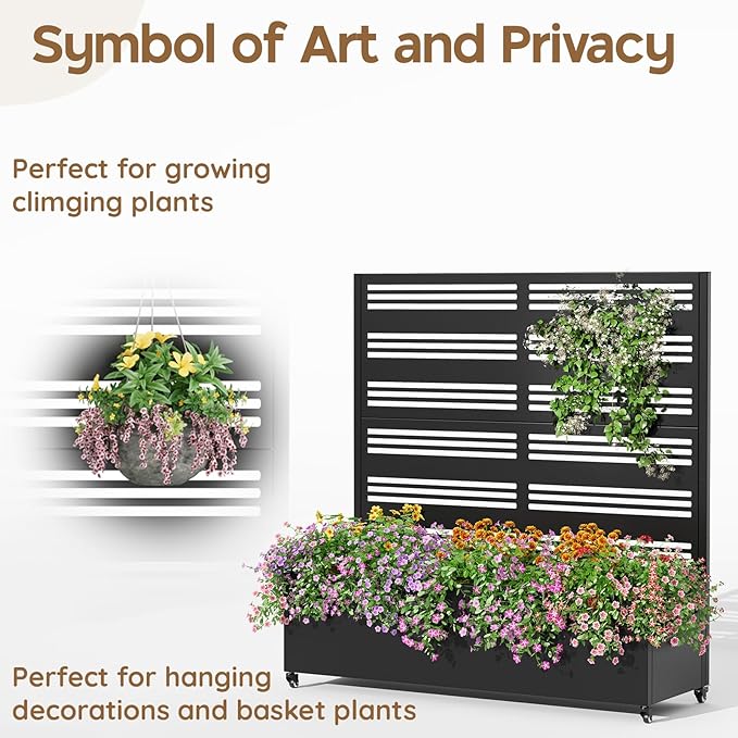 Metal Raised Garden Bed with Trellis & Wheels,47" x 47"x 15.7" Planter Box with Trellis,Privacy Planters for Patio,Garden Bed for Climbing Plants,Suitable for Climbing Plants and Vegetables,Black