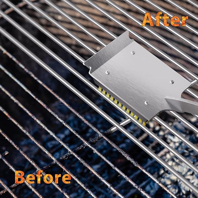 ENLOY Grill Brush and Scraper for Barbecue, 17" Grill Brush for Outdoor Grill, Extended Rosewood Handle and 2 Replaceable Copper Wire Brush Heads, Grill Cleaning Brush Grill Accessories for Most Grill