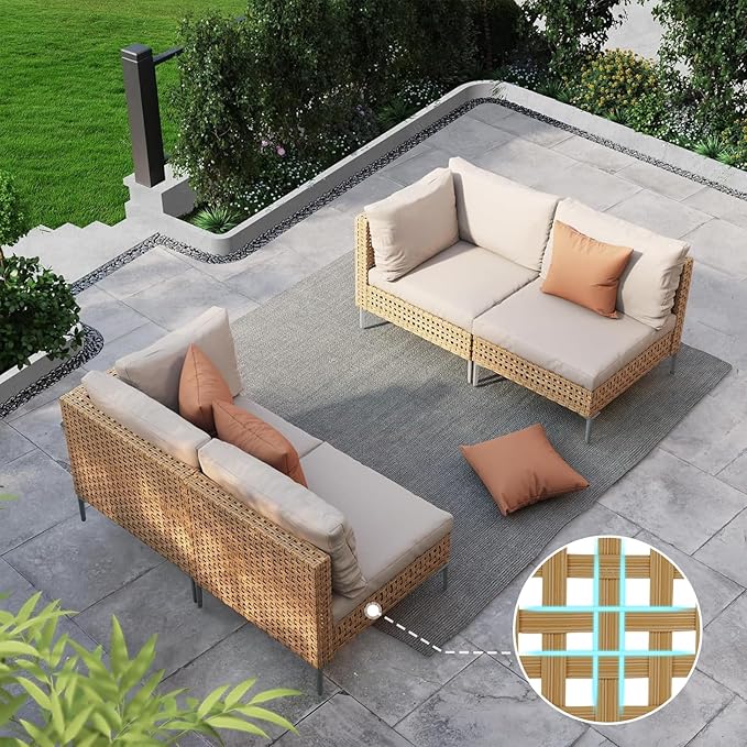 Grand patio 4-Piece Wicker Patio Furniture Set, Boho Outdoor Sectional Sofa with Water Resistant Thick Cushions (Coffee Table Not Included), Cream