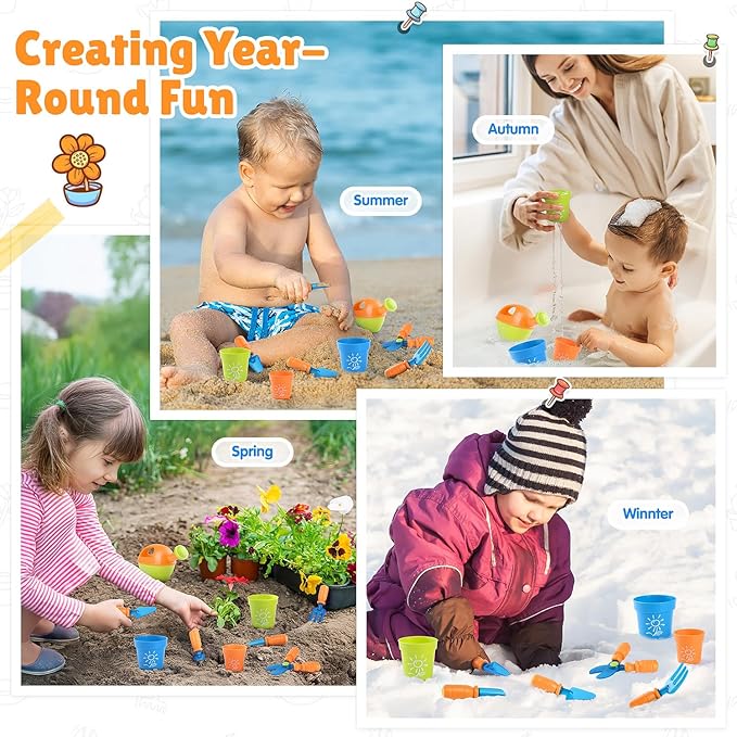 Kids Gardening Set, Garden Tool Set for Kids, Gardening Tools Kit with Shovel, Fork, Spade, Scissors, Flower Pot, Watering Can and Storage Box, Summer Outdoor Toys for Toddlers Boys Girls Gift