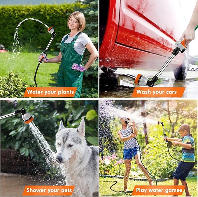 RESTMO Metal Watering Wand, Heavy Duty Garden Hose Wand with 180° Swivel Ratcheting Head, 16'' Hose Nozzle Sprayer with 7 Spray Patterns and Flow Control, for Water Hanging Baskets and Shrubs, Orange