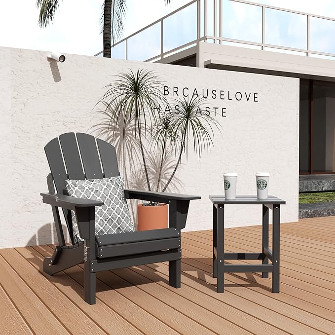 WO Home Furniture Adirondack Chair Table Set of 2 PCS Outdoor Folding Chair w Side Table Weather/UV Resistant for Lawn, Garden, Bon Fire, Balcony (Grey)