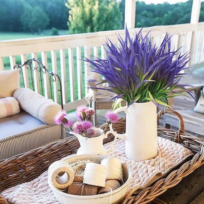 Outdoor Artificial Plants 8 Bundles Fake Plants Grass UV Resistant Fake Flowers Bush Greenery,17Inch Tall Faux Grass Shrubs for Home Porch Pathway Garden Décor Outside Indoor (Purple)