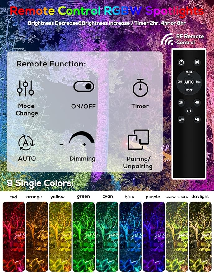 ZYAN Solar Powered Landscape Spotlights Outdoor Waterproof IP65, RGBW Colored LED Spot Lights for Garden Yard, Auto On/Off Remote Control Spot Lights for Plant, Tree, Patio, Path, Lawn, Wall (8 Pack)