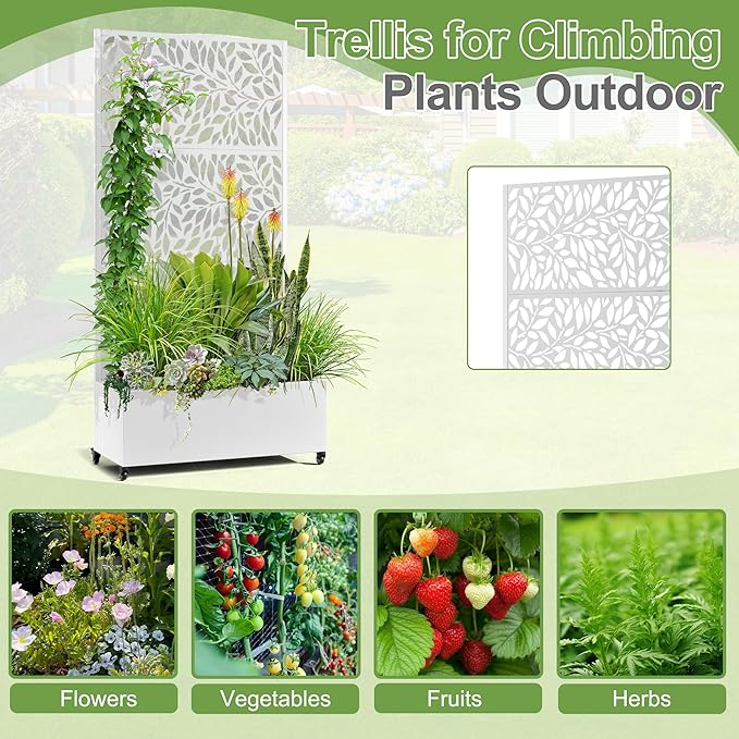 Raised Garden Bed with Trellis and Wheels,73"x35"x16" Metal Raised Garden Bed,White Flowing Leaf-2 Metal Planter with Climbing Trellis for Vines & Vegetables
