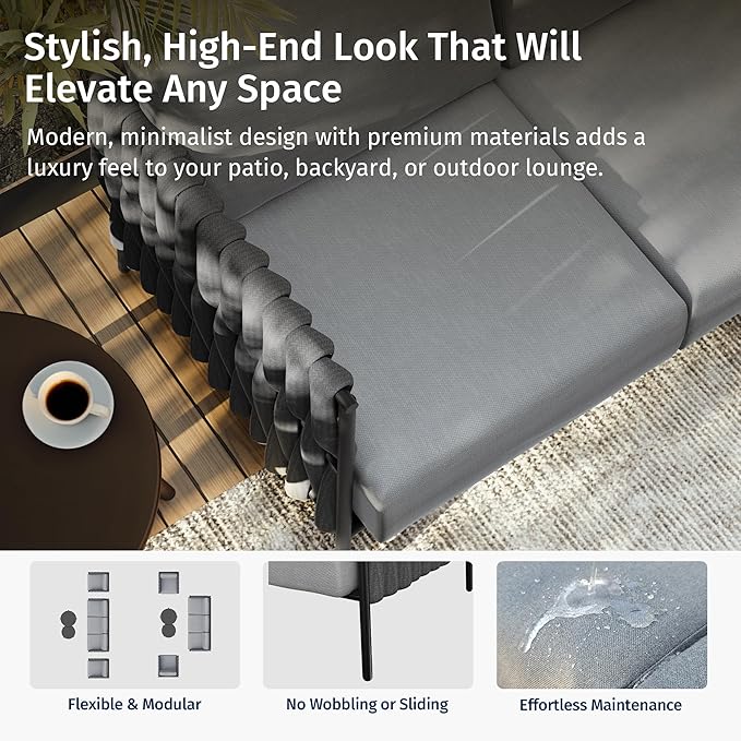 EAST OAK Patio Furniture Set Life Chatter 5-Seat Outdoor Furniture Deep Seating & Two Coffee Tables Waterproof Extra-Thick Cushions Porch, Balcony & Backyard Grey