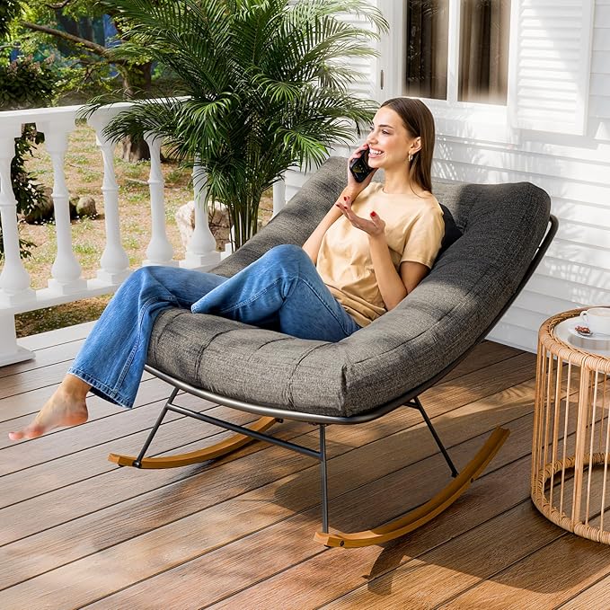 Bme Patio Rocking Chair Outdoor & Indoor, Metal Patio Lounge Rocking Chair with Thick Cushion, Comfy Modern Rocker Chair for Living Room, Porch, Backyard, Grey Cushion - Wood Texture Rocker
