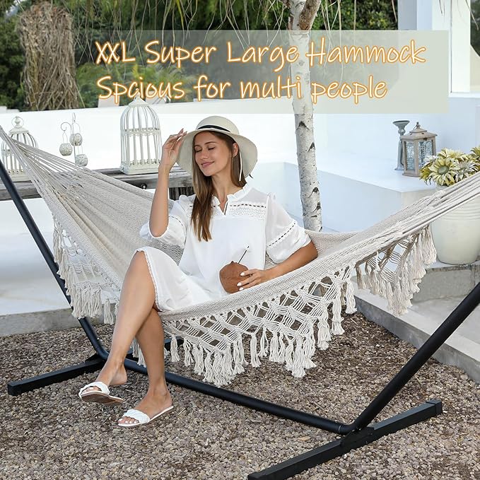 ZEAN Handwoven Hammock with Tassels by Thick Cotton Rope XL Two Person Hammock for Outside Patio Backyard Garden Beach 550LB Capacity