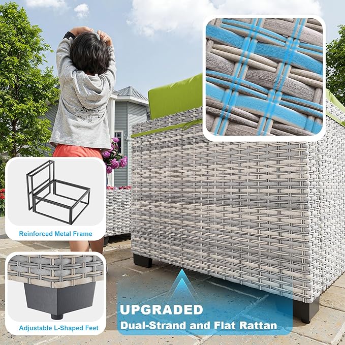 11-Piece Patio Furniture Set, Outdoor Patio Furniture with 55,000 BTU Fire Pit Table, Swivel Chairs Set, Thick Cushions, Modular Patio Sofa, Dual-Strand Rattan, Rust-Resistant Frame, Grass Green