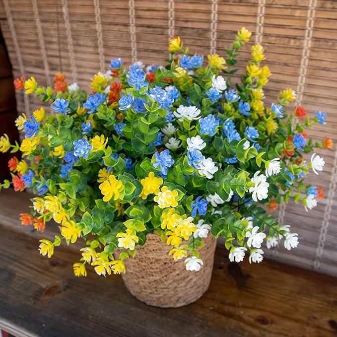 Artificial Flowers Outdoors, 12 Bundles Fake Flowers UV-Anti for Decoration Faux Plastic Plants Garden Porch Window Box Décor,YellowBlueWhiteOrange