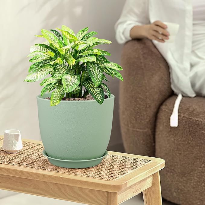 Flower Pots 9/8/7.5 inch, Plant Pots for Indoor Outdoor Plants, Set of 3 Modern Decorative Plastic Planters with Drainage Holes and Saucers for Garden Porch House Plants, Green