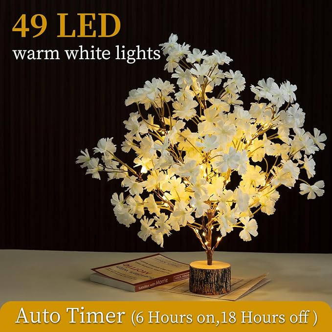 Lighted Cherry Blossom Tree Artificial, 19 Inch Faux Bonsai Tree Japanese Decor, Battery Operated Floral Desktop Tree for Indoor Home Spring Summer Easter,White