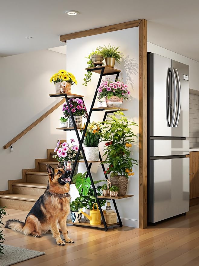Lighted Plant Stand with Grow Lights – Tall Large Tiered Metal Corner Shelf Rack for Multiple Indoor Living Room Flower