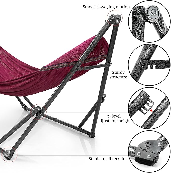 Tranquillo Universal Double Hammock with Stand Included for 2 Persons/Foldable Hammock Stand 600 lbs Capacity Portable Case - Inhouse, Outdoor, Camping, Red