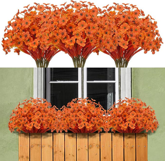 15 Bundles Artificial Flowers Outdoor UV Resistant Fake Silk Plants Plastic Faux Shrubs Outside Front Porch Window Box Garden Home Hanging Planter Decoration (Autumn Orange)