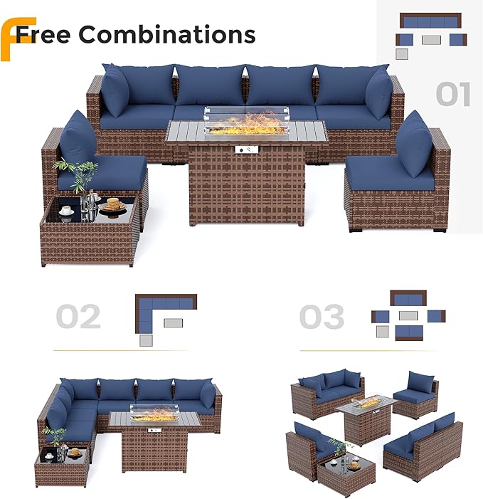 UDPATIO Outdoor Patio Furniture Set with Fire Pit Table, 8 Piece Outdoor Sectional Sofas, All-Weather Wicker Patio Conversation Set for Garden, Backyard Navy Blue