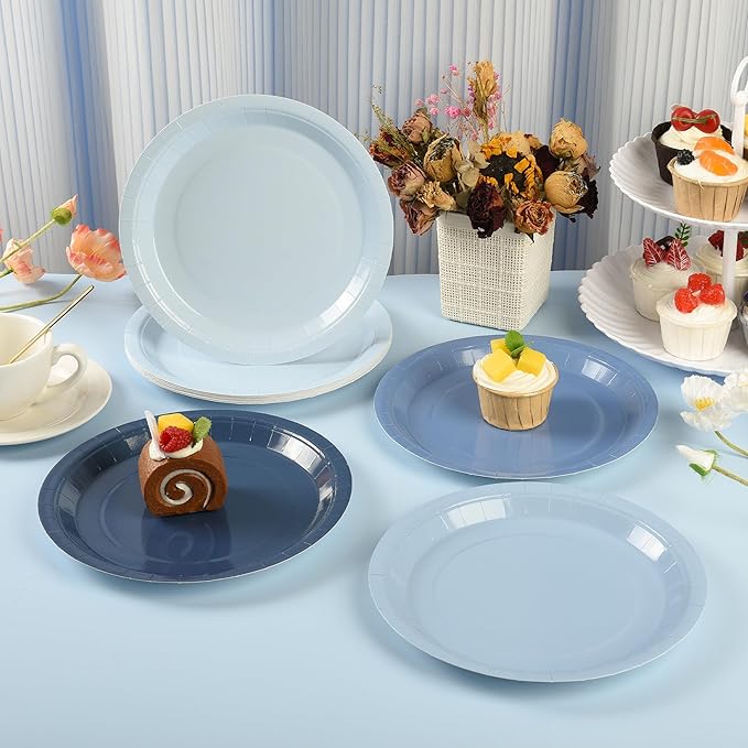 24Pcs Dusty Blue Paper Plates Gradient Blue Party Plates 7” Disposable Round Dessert Plates for Father’s Day Birthday Wedding Bridal Engagement Baby Shower Party Supplies