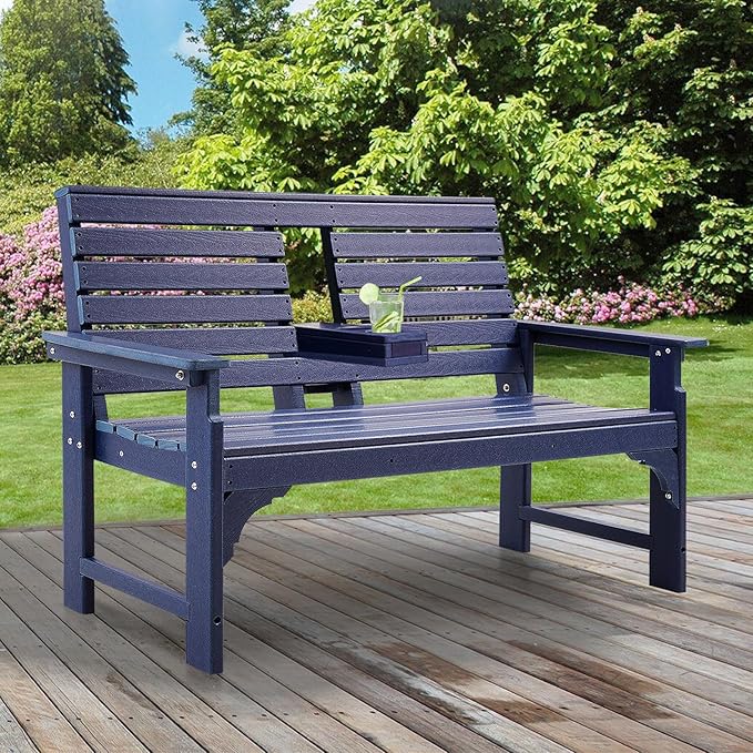 Outdoor Bench Weatherproof - HDPE 2-Person Garden Bench with Cup Holders, Bench Furniture with Backrest and Armrests, 700 lbs Capacity, Patio Park Bench for Front Porch Backyard Park (Blue)
