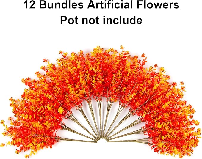 Ivydale Artificial Flowers for Outdoor Spring Decoration, 12 Bundles Eucalyptus Fake Plants UV Resistant, Faux Flowers Plastic Greenery Bushes Shrubs for Home Porch Outside Decor (Fall)