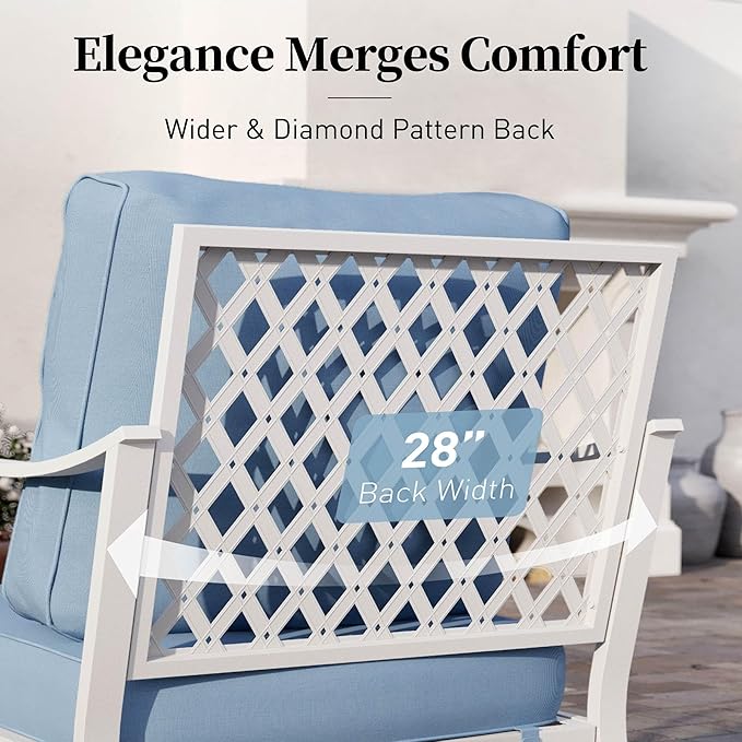 Metal Patio Chairs Set of 2 with 5.75" Extra Thick Cushion, 2 Pieces High Back Outdoor Patio Chairs All Weather White Outdoor Furniture Seating for Deck Backyard Balcony Porch, Blue