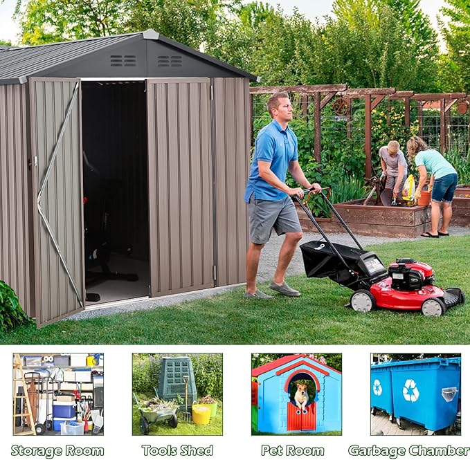 U-MAX 7' x 7' Shed Outdoor Storage Shed Clearance, Extra Large Yard Steel Shed with Design of Lockable Doors, Tool and Utility Storage for Backyard, Garden, Patio, Outside use Taupe