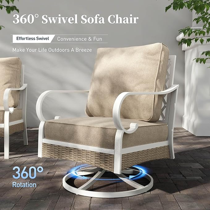 4 PCS Metal Outdoor Patio Furniture Set, Patio Conversation Sets 1 3-seater Sofa, 2 Swivel Chairs with 5.75" Extra Thick Cushion and Coffee Table, White Frame Backyard Furniture, Beige