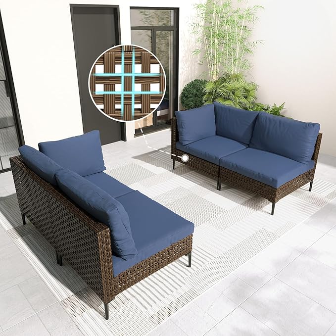 Grand patio 4-Piece Wicker Patio Furniture Set, Retro Outdoor Sectional Sofa with Water Resistant Blue Thick Cushions (Coffee Table Not Included), Brown