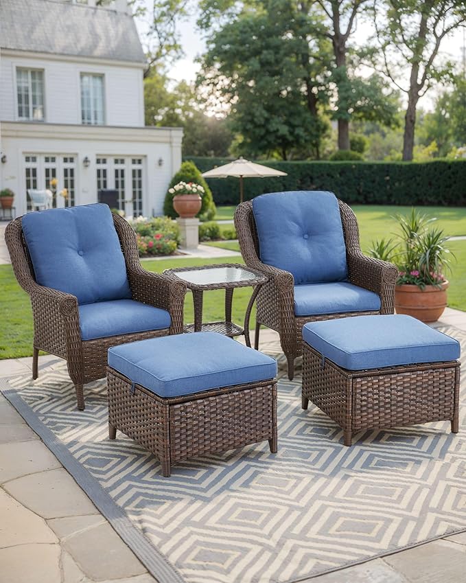3 Piece Patio Swivel Chairs and Side Table Set - High Back Outdoor Brown Wicker Rattan Rocking Glider with Thick Cushions for Porch Apartment Deck Yard Poolside Garden - Navy Blue