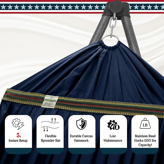 Tranquillo Uniki Hammock with Stand, 550 lbs Capacity – 30-Second Setup, Sturdy Steel Stand, 3-Year Warranty, Tool-Free Assembly, Premium Carry Bag Included, Outdoor & Indoor Hammock, Navy
