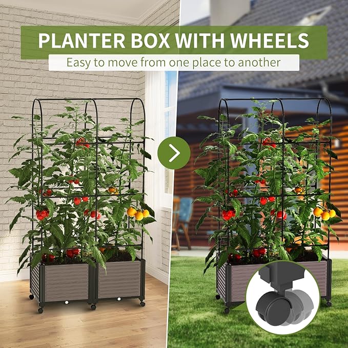 Raised Garden Bed Planter Box with Trellis, 72.8'' Tomato Planters for Climbing Plants Vegetable Vine Flowers Outdoor Patio Tomato Cage, Self Watering Planter with Wheels